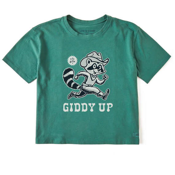 Women's Crafty Giddy Up Raccoon  Boxy Crusher Tee